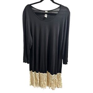 👗 2/$30 👗Honeypie Black Dress, Cream Crochet Fringe Hem Long Sleeve Size L Ray
